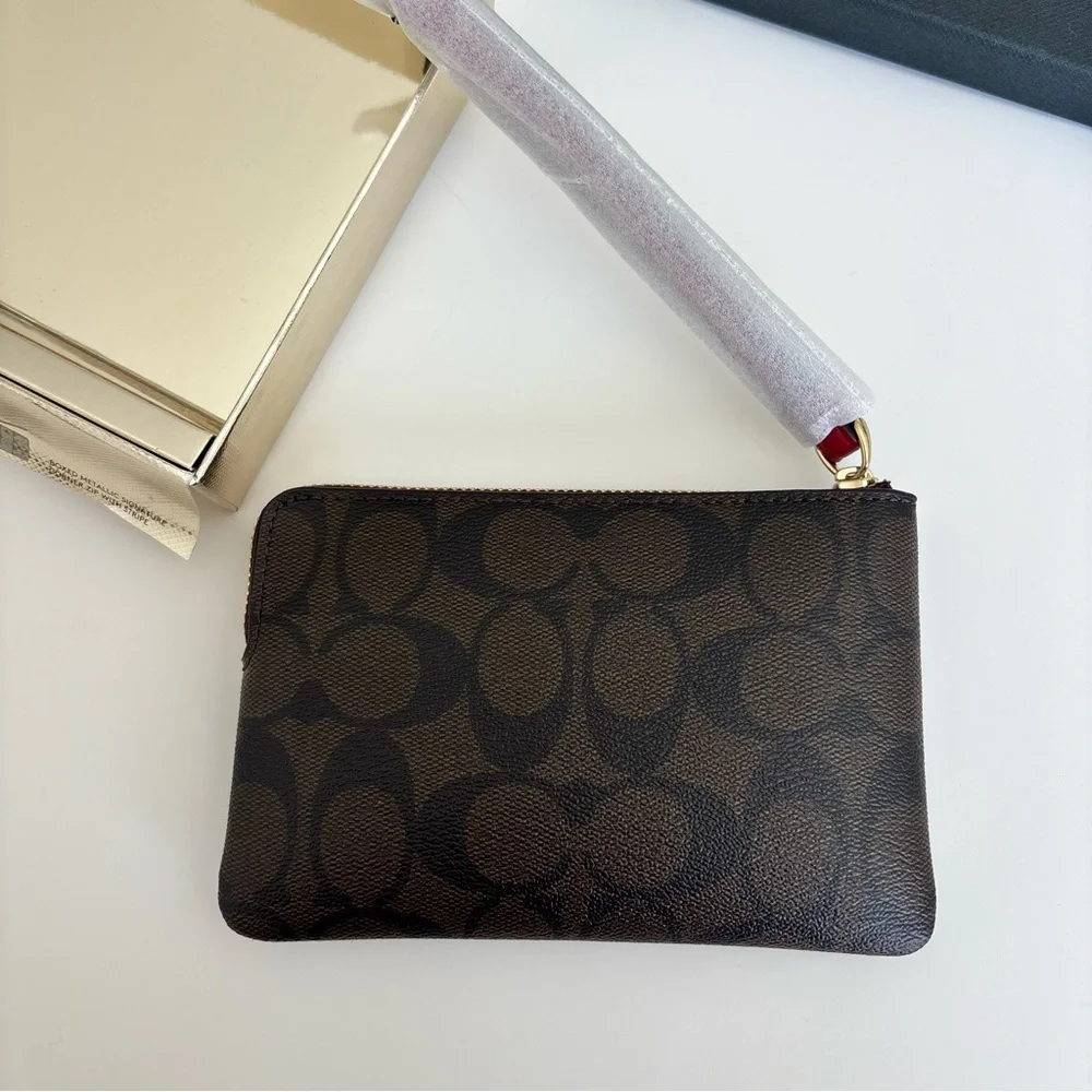 NWT Coach Signature Metallic Corner Zip Wristlet Dark Brown Red Strap